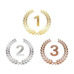 Golden, silver and bronze Laurel Wreaths. Awards for winners. Honoring champions. Signs for 1st, 2nd and 3rd places. Trophy for challenge. Vector illustration for posters, flyers, decoration.