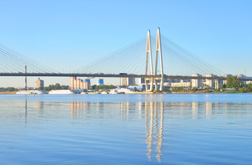 Cable stayed bridge and Neva river.