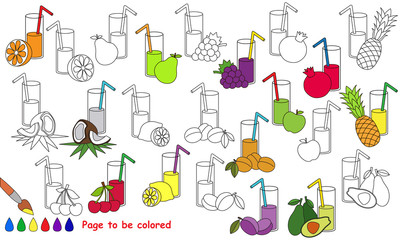 Juices set cartoon. Page to be colored.