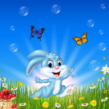 Cartoon happy rabbit running with beautiful nature background