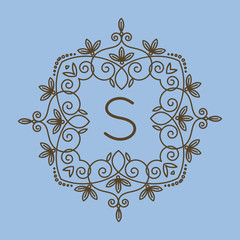 Monogram S logo and text badge emblem line art vector illustration luxury template flourishes calligraphic leaves elegant ornament sign.
