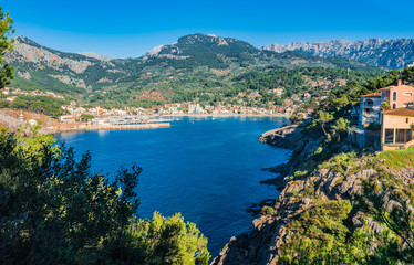 Naklejka na ściany i meble Beautiful view of the coast Port de Soller on Majorca Spain Mediterranean Sea Landscape