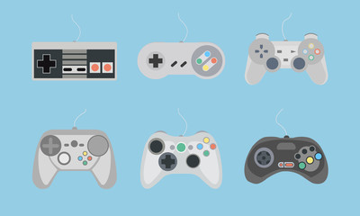 Set of retro gamepads and joysticks icons on blue background. Control console for video game. Vector illustration © Evgeniy Zimin