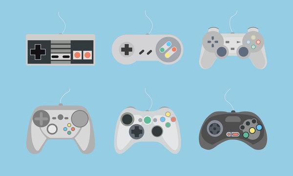 Set of retro gamepads and joysticks icons on blue background. Control console for video game. Vector illustration