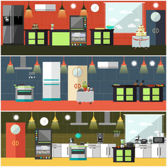 Vector set of restaurant kitchen interior posters, banners, flat style
