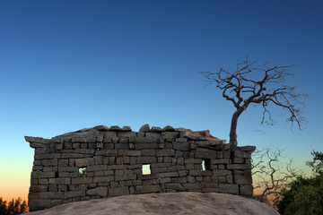 Ancient Hindu temple ruins that was built on a hill rock at Mamallapuram, Mahabalipuram, Tamil...
