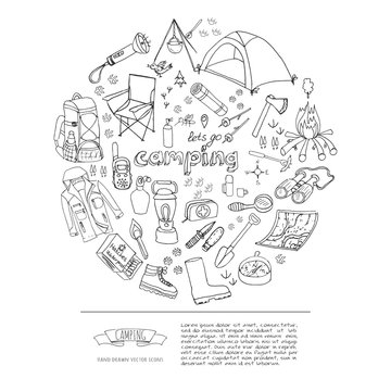Set of hand drawn camping equipment symbols and icons. Vector illustration. Hiking, mountain climbing doodle elements: camp clothes, shoes, gear, fire place, backpack, lantern, campsite, shovel, axe