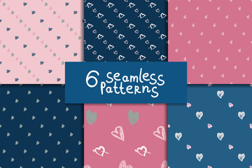 Doodle seamless pattern set with hearts