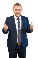 Businessman in blue suit showing Like fingers on a white background