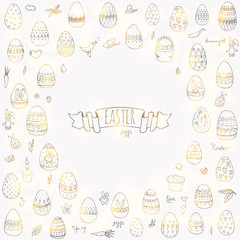 Hand drawn doodle Easter icons set Vector illustration spring bunny symbols collection Cartoon decoration elements: egg, rabbit, basket, bird, carrot, butterfly, bunny footprint, hunting eggs, hearts
