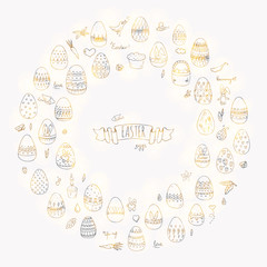 Hand drawn doodle Easter icons set Vector illustration spring bunny symbols collection Cartoon decoration elements: egg, rabbit, basket, bird, carrot, butterfly, bunny footprint, hunting eggs, hearts