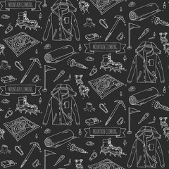 Seamless pattern hand drawn doodle Mountain Climbing icons set. Vector illustration. Mountaineering equipment collection. Cartoon sketch elements for trekking, hiking, tourism, expedition, camping.