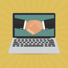 Laptop computer online with businessmen handshaking on screen after good deal. Vector illustration business online network concept.