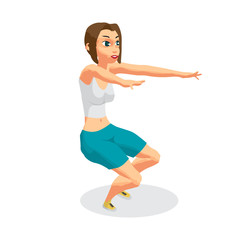 Fitness young woman in sportswear performs squats in the gym. Th