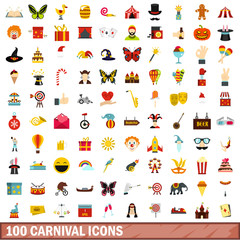 100 carnival icons set, flat style
