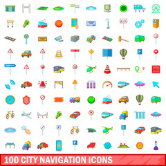 100 city icons set, cartoon style