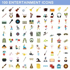 100 entertainment icons set, flat style