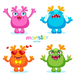 Cute Cartoon Colorful Monsters Emotions, Happy, Angry, Crying And Love. Vector Set Isolated On White Background.