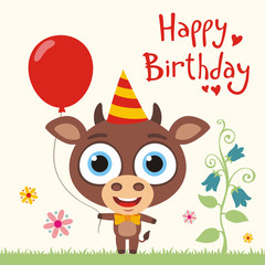 Happy birthday to you! Funny cow calf with red balloon. Birthday card with cow calf in cartoon style.