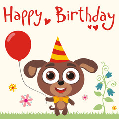 Happy birthday to you! Funny puppy dog with red balloon. Birthday card with puppy dog in cartoon style.