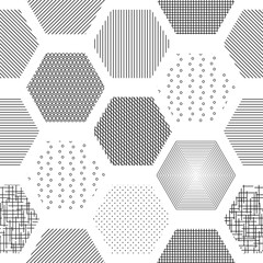 Abstract geometric background with hexagons with different texture, hatching - obrazy, fototapety, plakaty