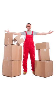 Full Body Guy Standing With Arms Spread Around Cardboard Boxes