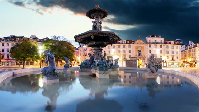 Lisbon, Portugal at Rossio Square - Time lapse