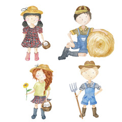 Farmer Kids Set Watercolor Hand-Painted Isolated