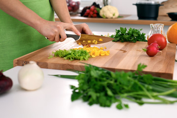 Close up of  woman's hands cooking in the kitchen. Housewife slicing ​​white bread. Vegetarian and healthily cooking concept