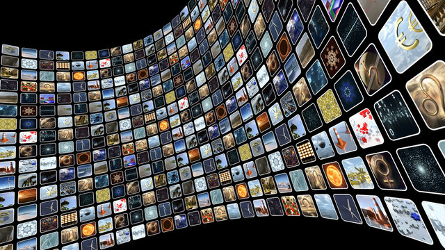 Image wall with many icons on screen. 3D rendering