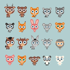 Big set funny animals with big eyes. Vector collection isolated animals in cartoon style.