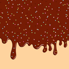 Chocolate donut glaze background. Liquid sweet flow, tasty dessert topping with colorful sprinkles. Ice cream drips. Vector illustration