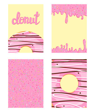 Set of bright food cards. Set of donuts with pink glaze. Donut pattern, background, card, poster. Vector illustration template for any design