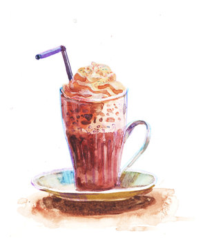 Hot Chocolate. Coffee cup painted with watercolors on white background.