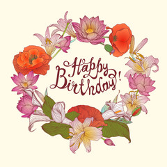 Happy Birthday! Vector congratulation card with floral wreath