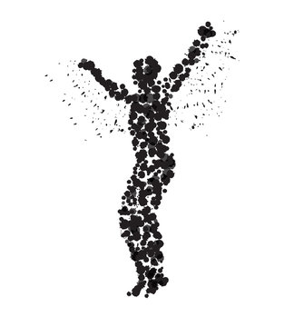 The silhouette of the dancing man created from multi-colored spots