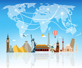 Travel composition with famous world landmarks. Travel and Tourism. Vector.