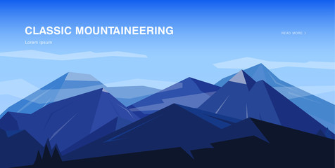 Fototapeta na wymiar Horizontal background with mountains. Mountaineering colorful illustration, concept with place for text. Banner in cartoon, flat style.