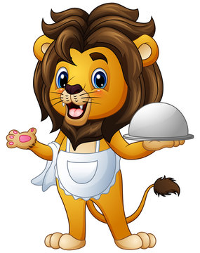 Funny lion chef cartoon holding a platter