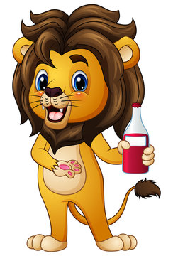 Cartoon lion holding a drink bottle