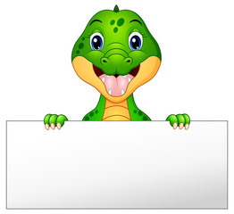 Obraz premium Funny crocodile cartoon holding blank sign