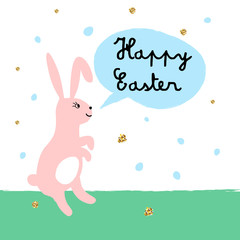 Happy Easter greeting card with cute bunny. Vector illustration
