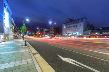 Traffic lights on the street of Kyoto at night, Japan