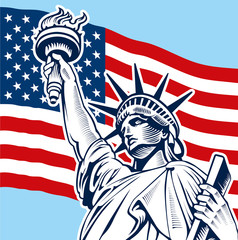 Naklejka premium Statue of Liberty, USA flag, NYC 