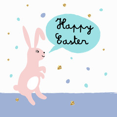 Happy Easter greeting card with cute bunny. Vector illustration