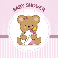 Obraz na płótnie Canvas baby shower girl. Bear with baby bottle
