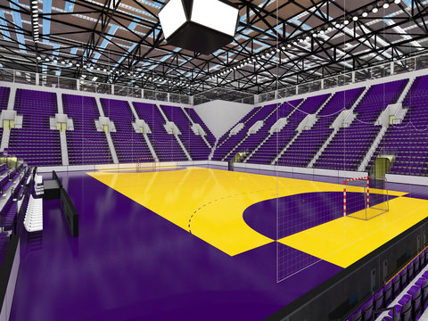 Beautiful sports arena for handball with purple seats and VIP boxes 3d render