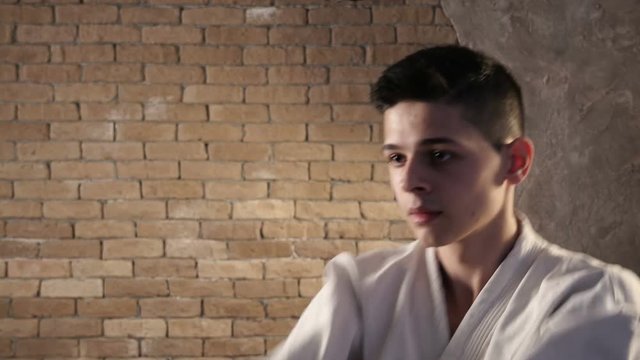 A brave karateka hits with his ancient katana several times, while training hims