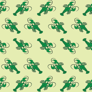 Green сancer on a yellow background. Seamless pattern. Design for textile, wrapping paper, packaging, background theme of the website, presentations, recipes.