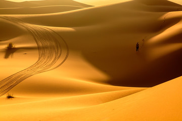 Merzouga, Morocco - Feb 24, 2016: Woman trekking along hot desert, beautiful orange sandy dunes, exploring Sahara, active vacation, discovering nature concept